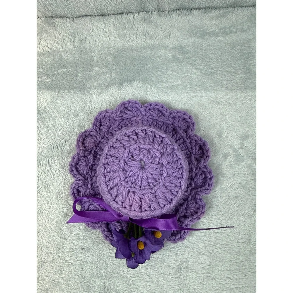 Handmade Purple Crochet Miniature Sun Hat Floral Ribbon Decoration Only 5.5 Inch